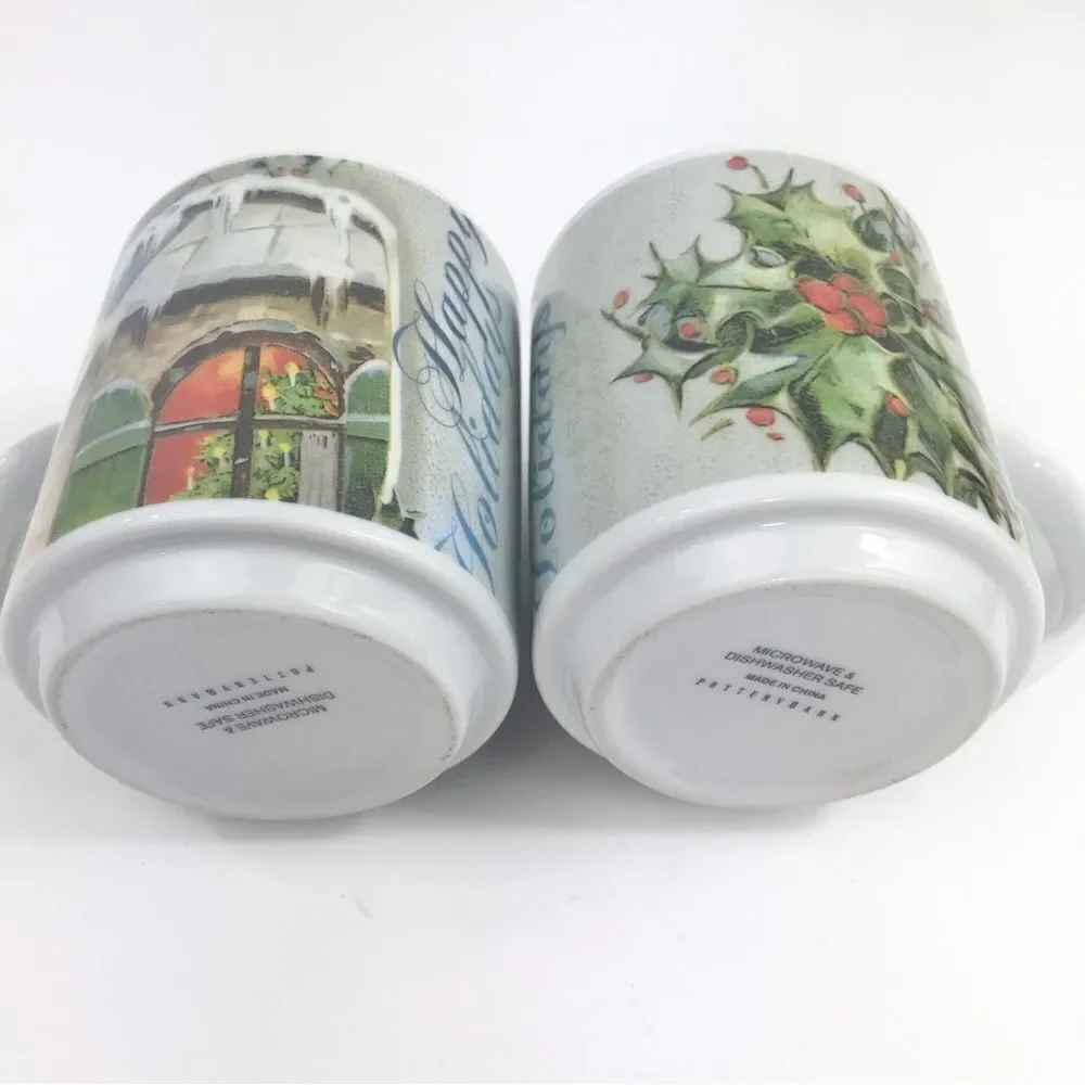 Pottery Barn Nostalgic Happy Holidays Ceramic Mug Set of Two Bundle